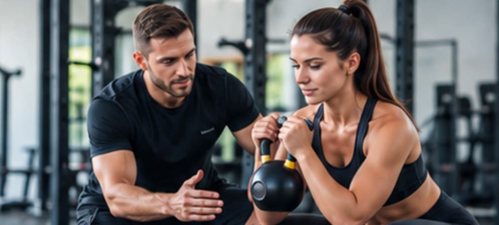 Trener pomaga podopiecznej przy ćwiczeniu z kettlebell
